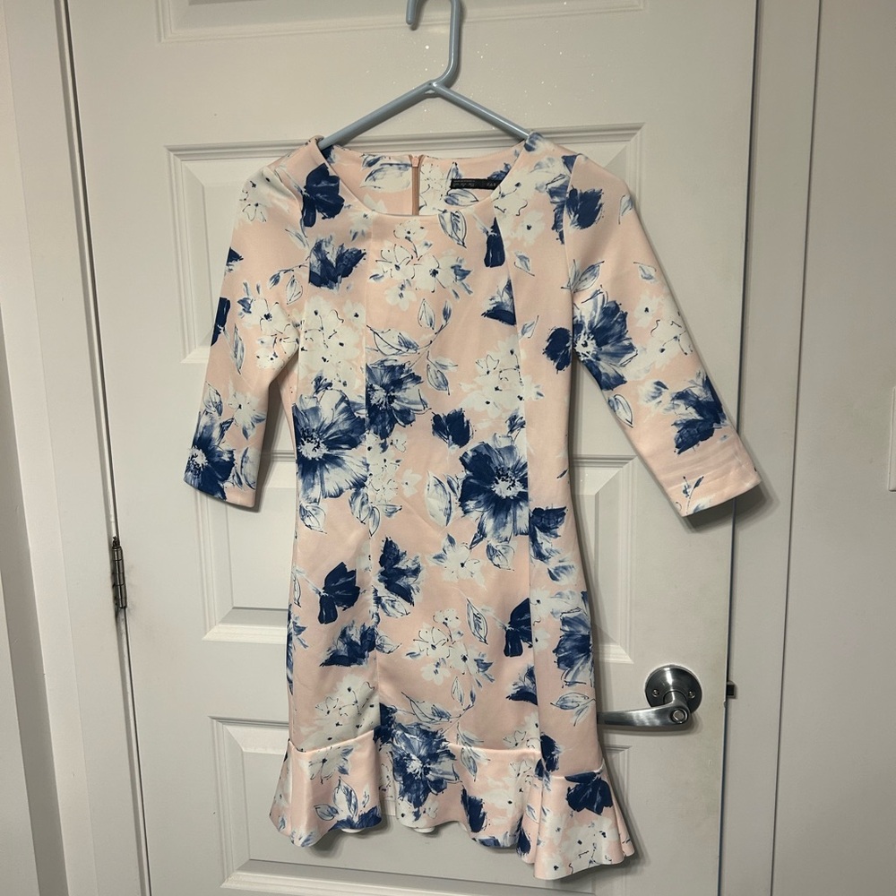 Zara Neoprene Ruffle Flare Trim Fitted Pink & Blue Flower Dress - Size M